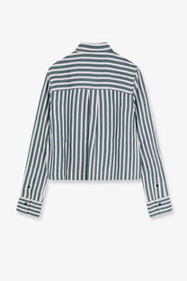 Closed women’s classic cropped long-sleeved button-up shirt in muted green and white vertical stripes with collar and cuffs
