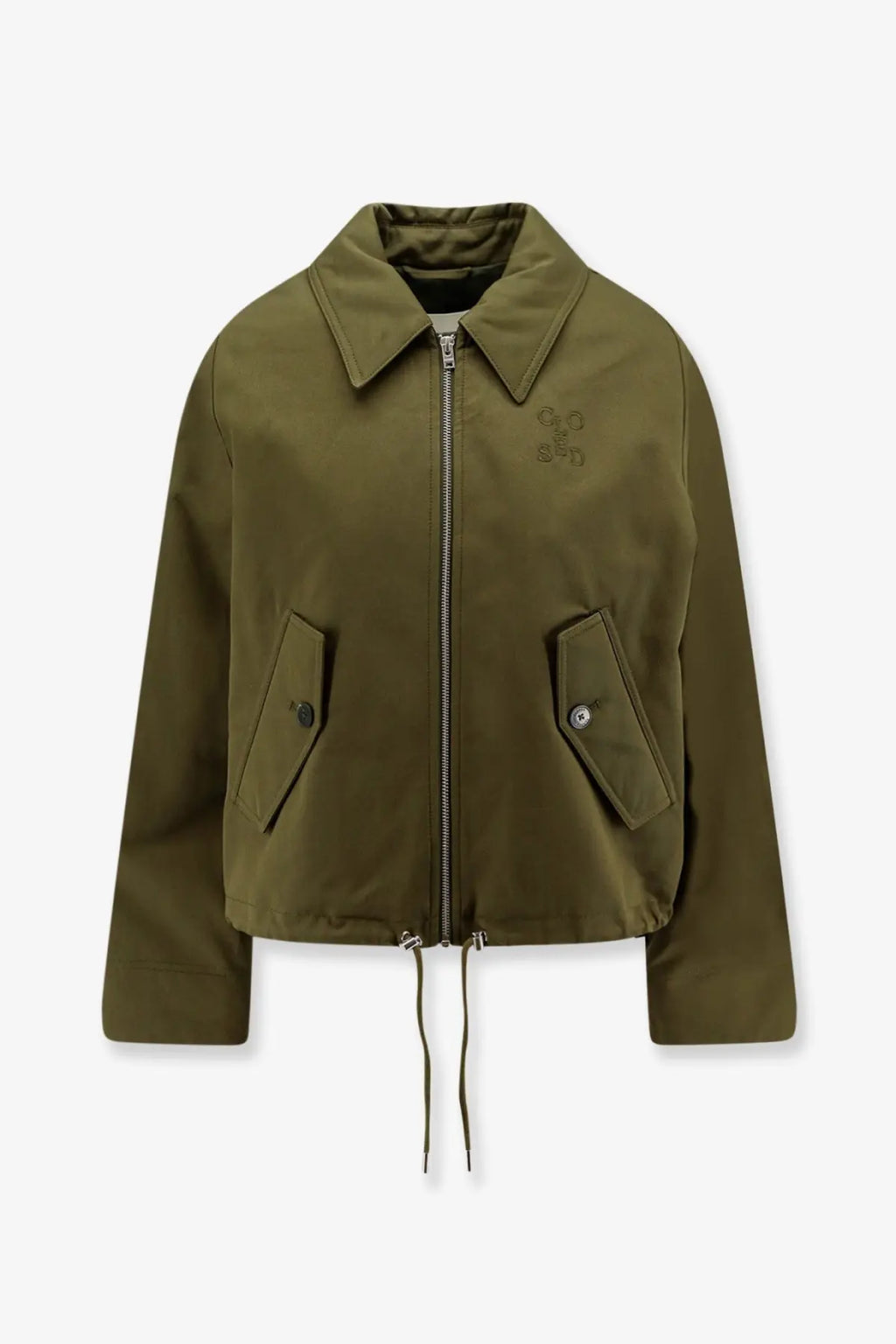 Closed women’s cotton jacket green olive with collar front zipper and buttoned flap pockets cropped style