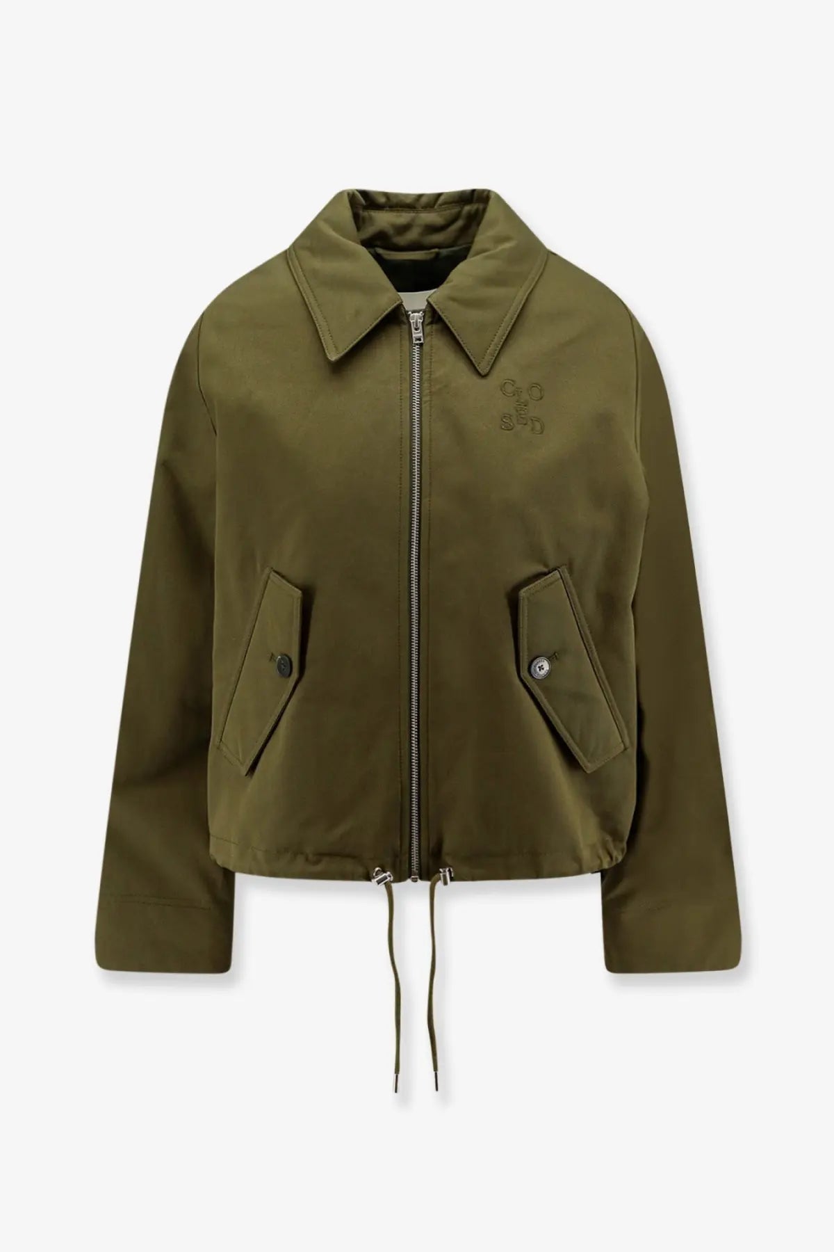 Closed women’s cotton jacket green olive with collar front zipper and buttoned flap pockets cropped style