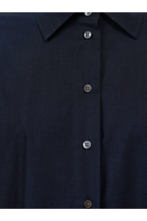 Dark navy blue closed women’s cotton shirt with subtle textured fabric and matching metallic buttons