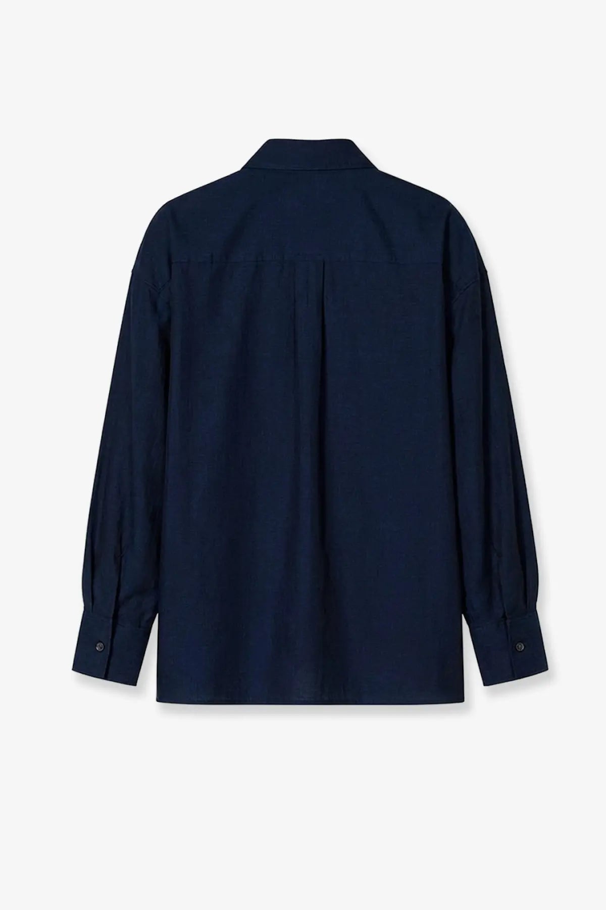 Navy blue closed women’s cotton shirt with long sleeves classic collar and subtle pleats on the back side