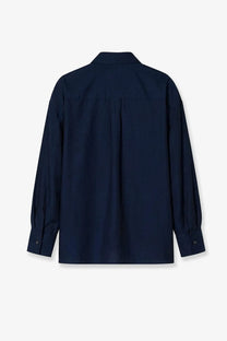 Navy blue closed women’s cotton shirt with long sleeves classic collar and subtle pleats on the back side
