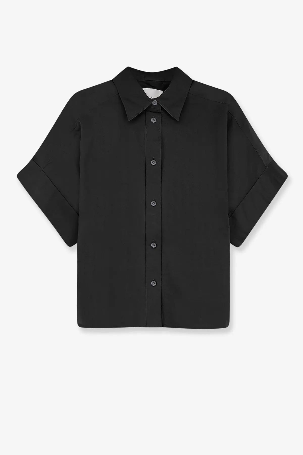 Black short-sleeved button-up cotton shirt with classic collar and subtle sheen from Closed women’s collection