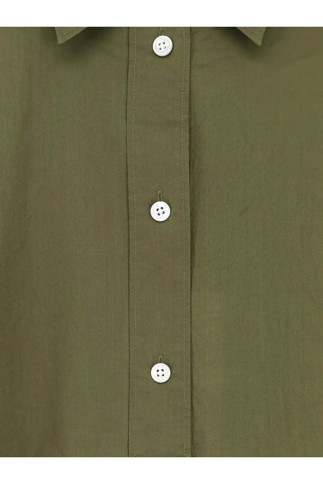 Olive green closed women’s cotton button-up shirt with white four-hole buttons front view