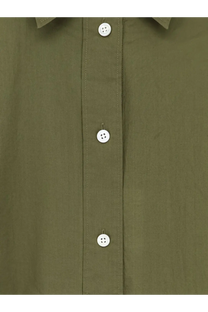 Olive green closed women’s cotton button-up shirt with white four-hole buttons front view