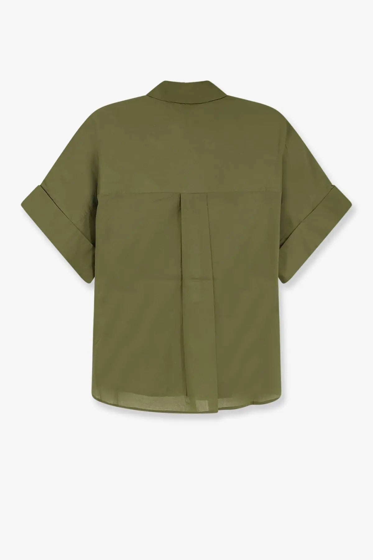 Back view of closed women’s olive green cotton shirt lightweight blouse with rolled sleeves and central pleat