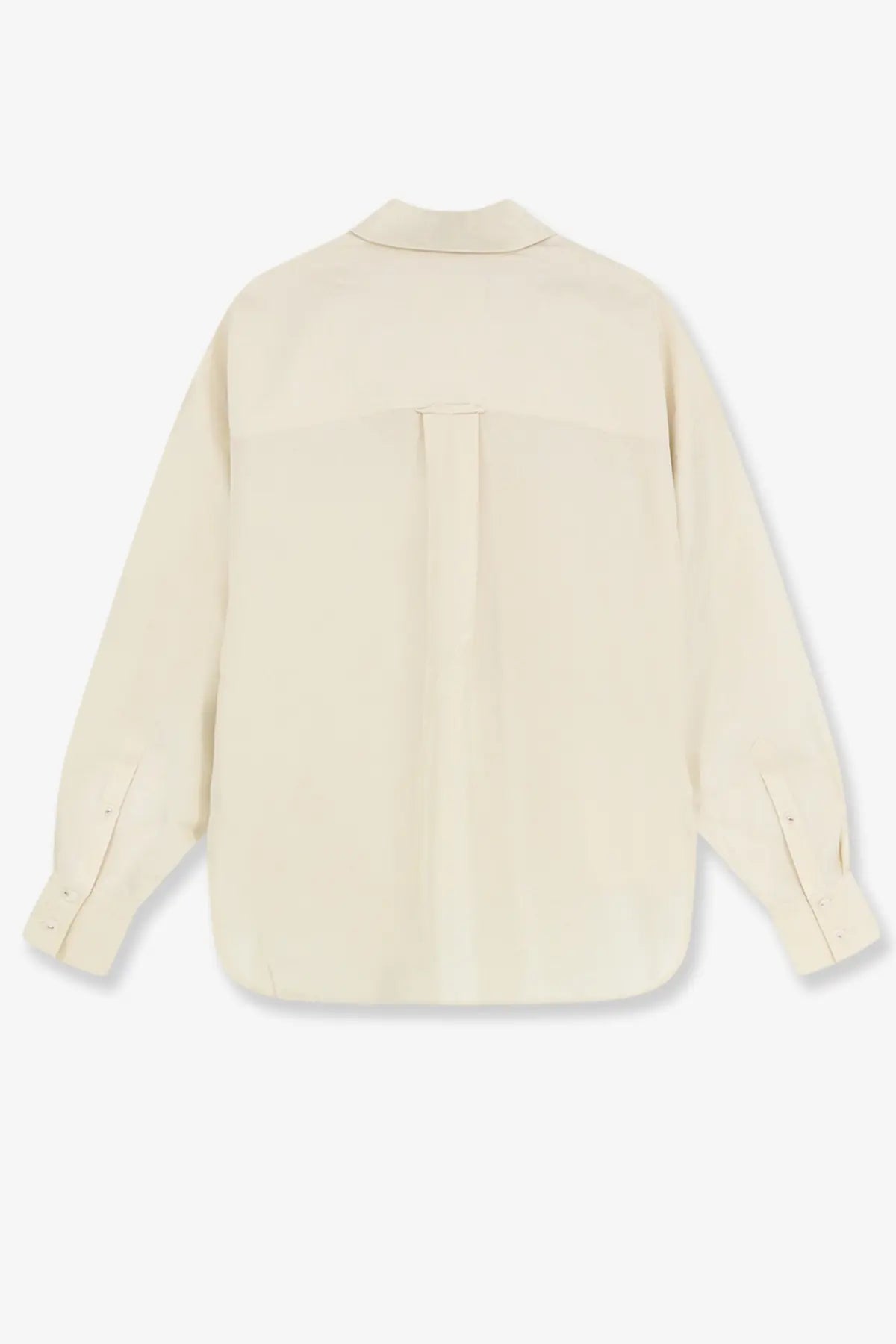 Cream-colored closed women’s cropped silk shirt with long sleeves and subtle back pleats shown from the back side