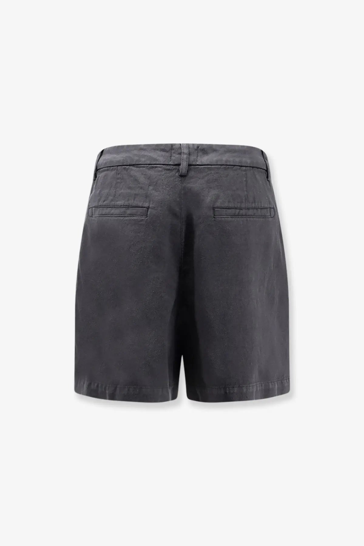 Dark gray cotton and linen blend shorts with classic tailored fit and two back pockets shown from the back side