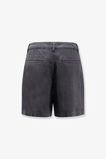 Dark gray cotton and linen blend shorts with classic tailored fit and two back pockets shown from the back side