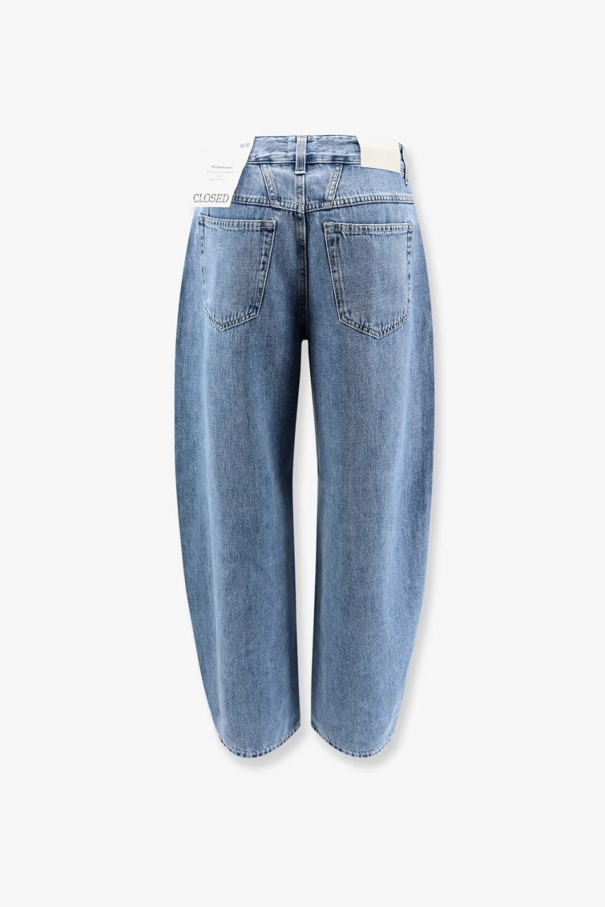 Back view of closed women’s jazzie blue light-wash denim jeans with wide-leg tapered silhouette and classic pockets