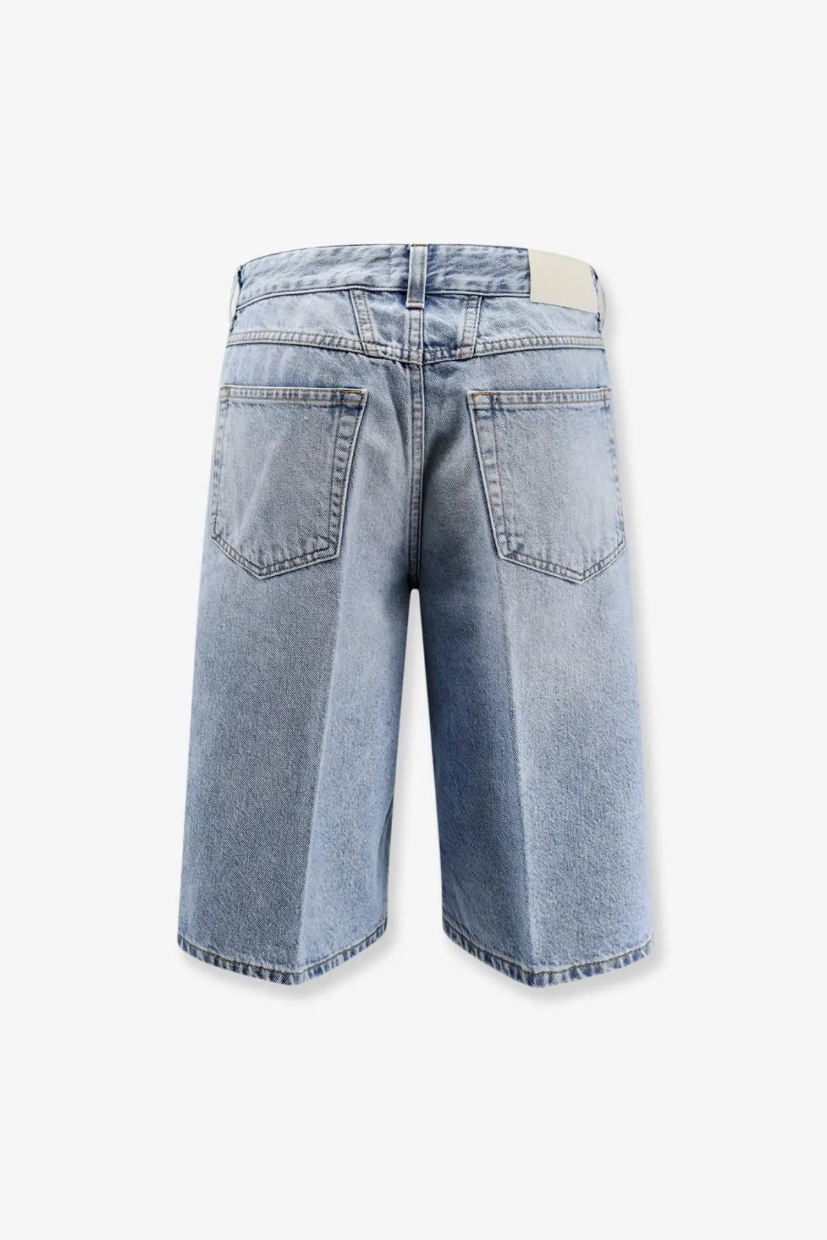Light-wash denim shorts with a relaxed straight-leg cut and classic back pockets shown from the back