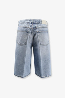 Light-wash denim shorts with a relaxed straight-leg cut and classic back pockets shown from the back