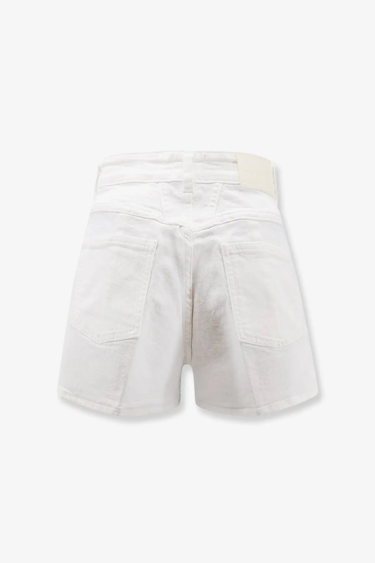 White denim closed women’s jocy stretch cotton shorts with high waist and back pockets shown from the back side