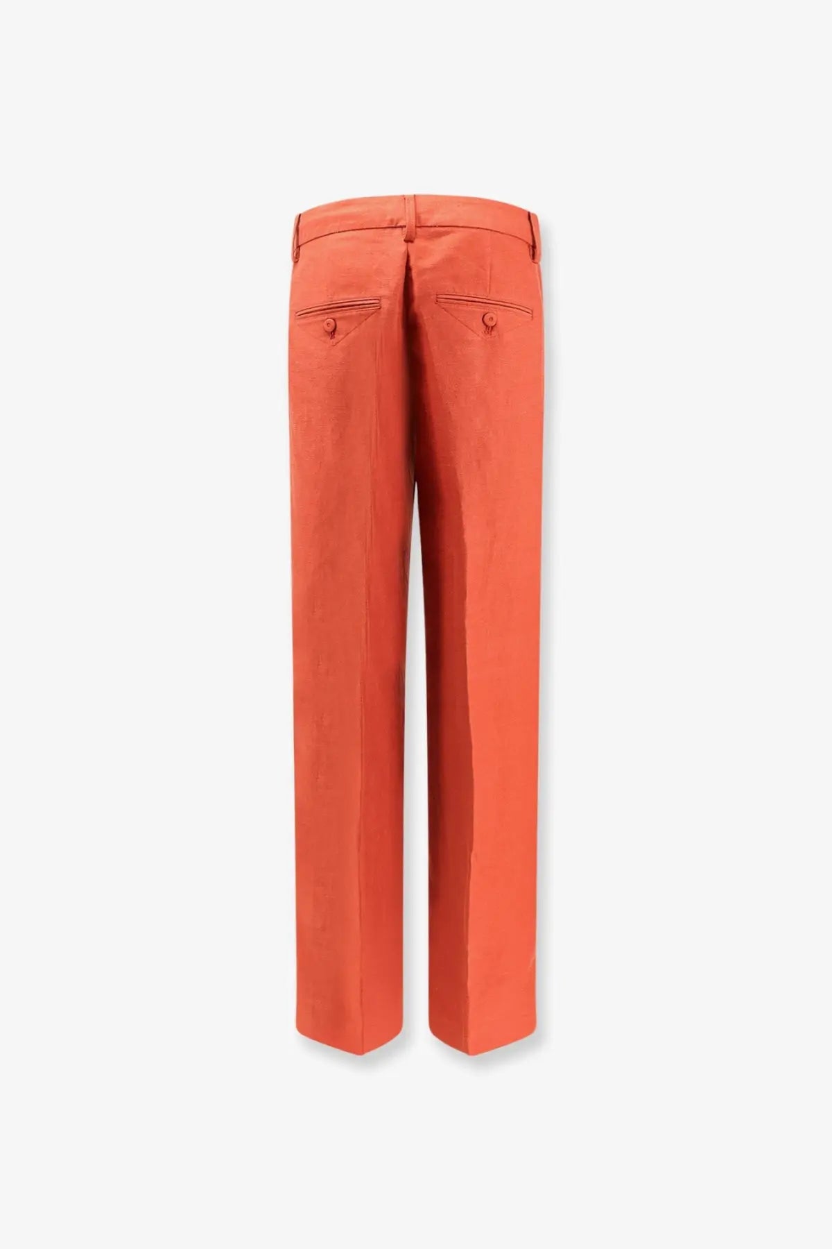 A pair of closed women’s jurdy cotton and linen brown straight-leg chinos with tailored fit and buttoned back pockets shown from the back