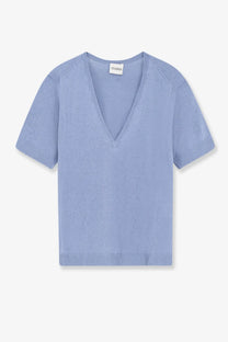 A soft light blue short-sleeved v-neck knit top with ribbed cuffs and hem made from linen and cotton blend