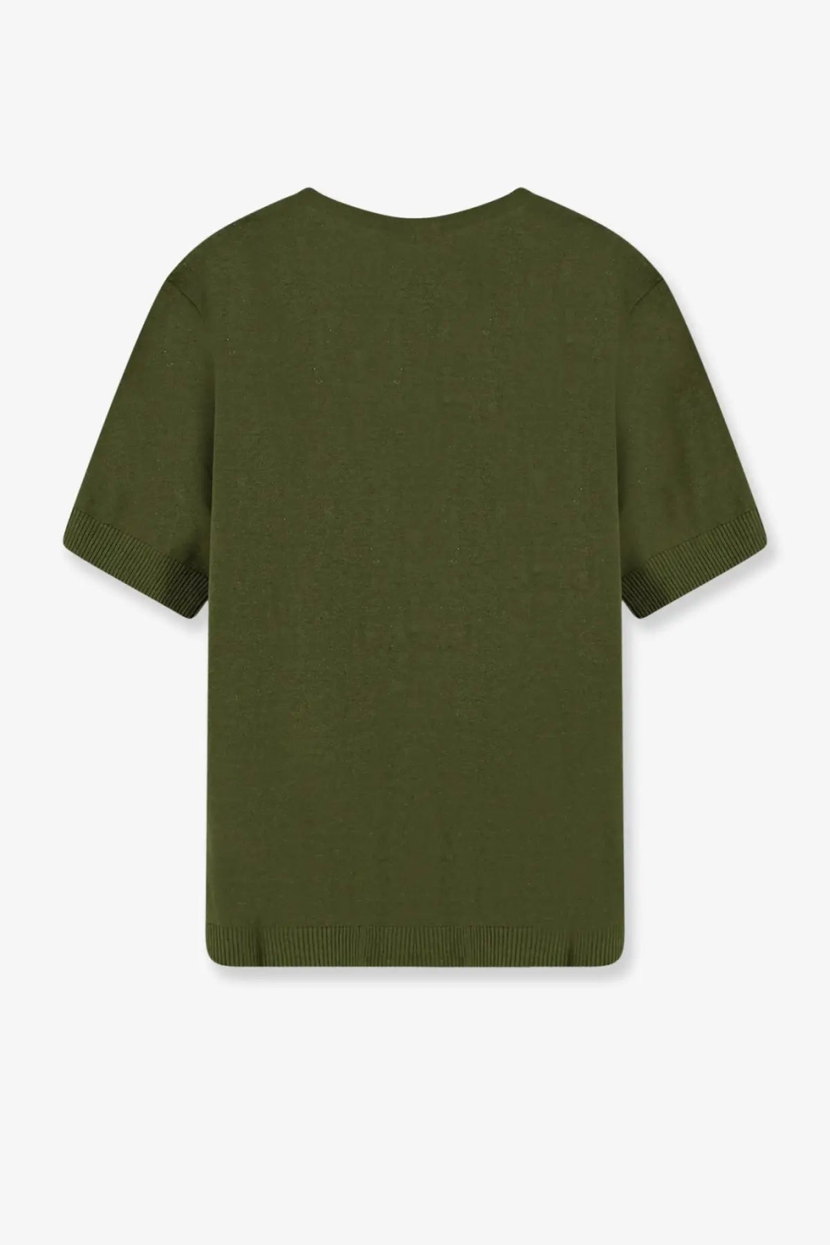 Olive green short-sleeved knit top with ribbed cuffs and hem made from linen and cotton blend by closed women