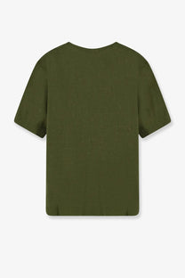 Olive green short-sleeved knit top with ribbed cuffs and hem made from linen and cotton blend by closed women