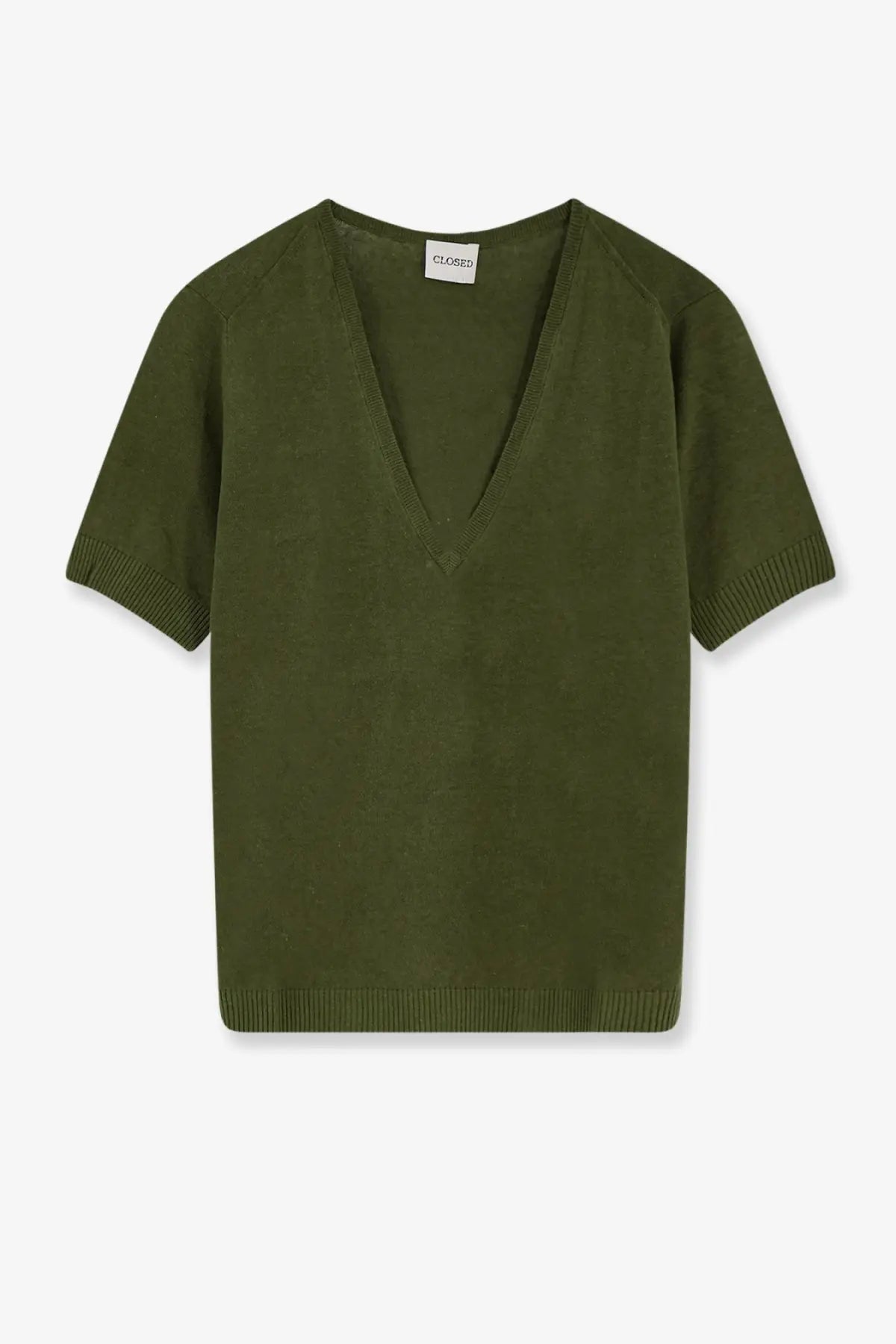 Closed women’s olive green linen and cotton blend short-sleeved v-neck knit sweater with ribbed cuffs and hem
