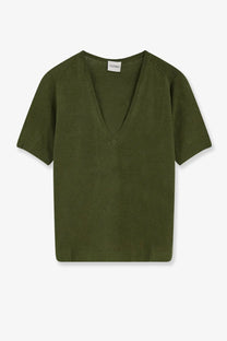 Closed women’s olive green linen and cotton blend short-sleeved v-neck knit sweater with ribbed cuffs and hem