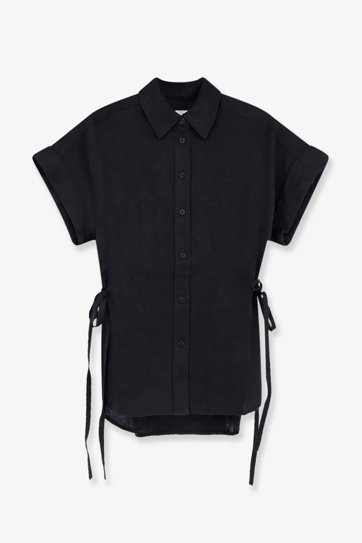 Closed women’s black linen short-sleeved button-up shirt with tie-side details for casual wear