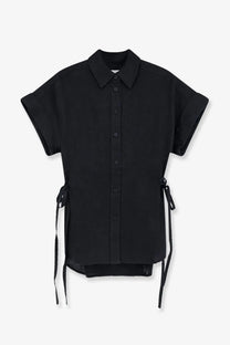 Closed women’s black linen short-sleeved button-up shirt with tie-side details for casual wear