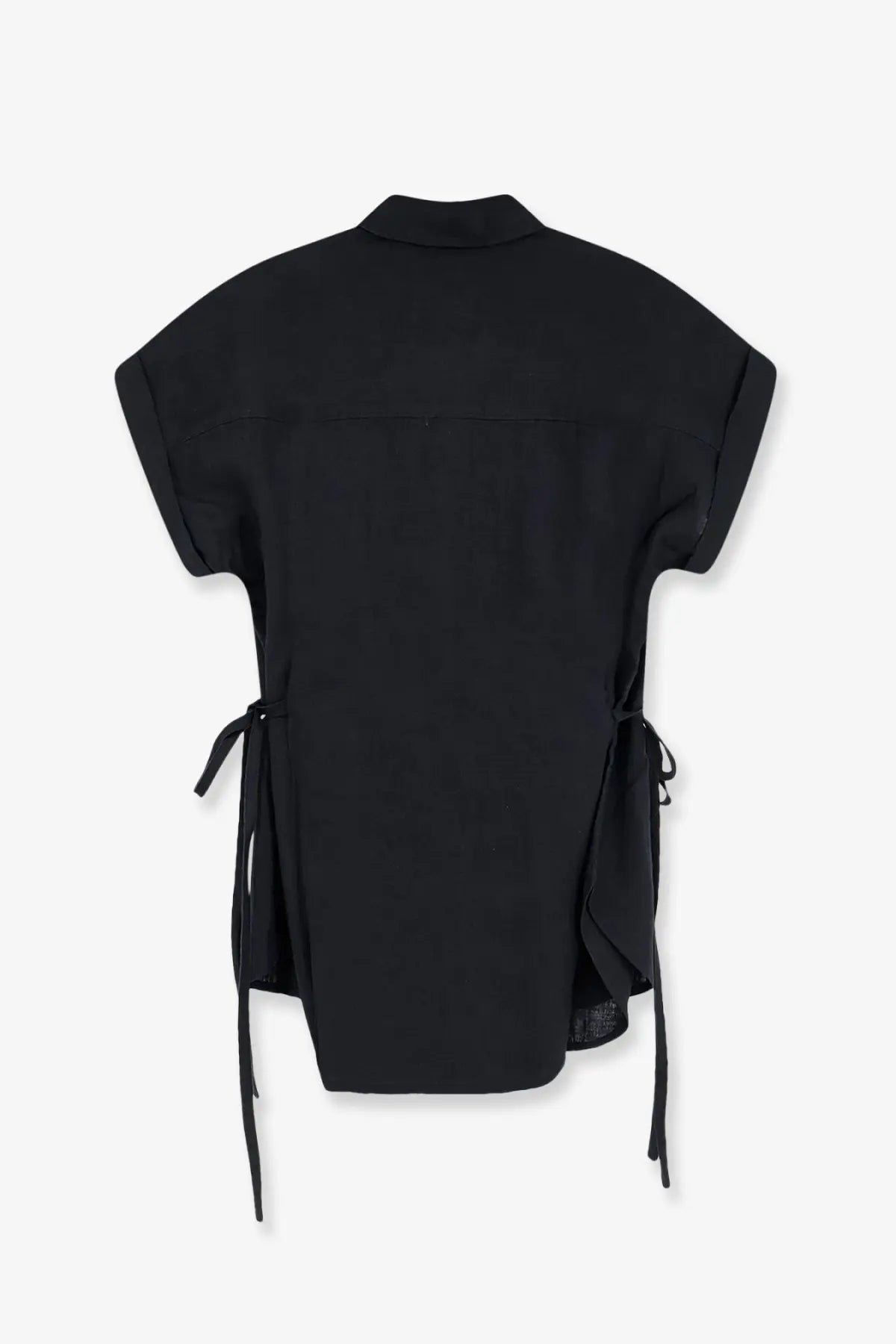 Black closed women’s linen shirt with collar short sleeves and side ties for casual wear
