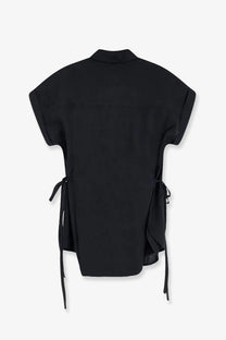 Black closed women’s linen shirt with collar short sleeves and side ties for casual wear
