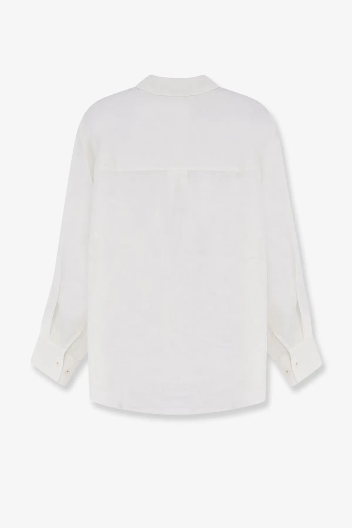 Closed women’s linen shirt white minimalist white blouse with soft flowing silhouette and subtle pleats at the back view