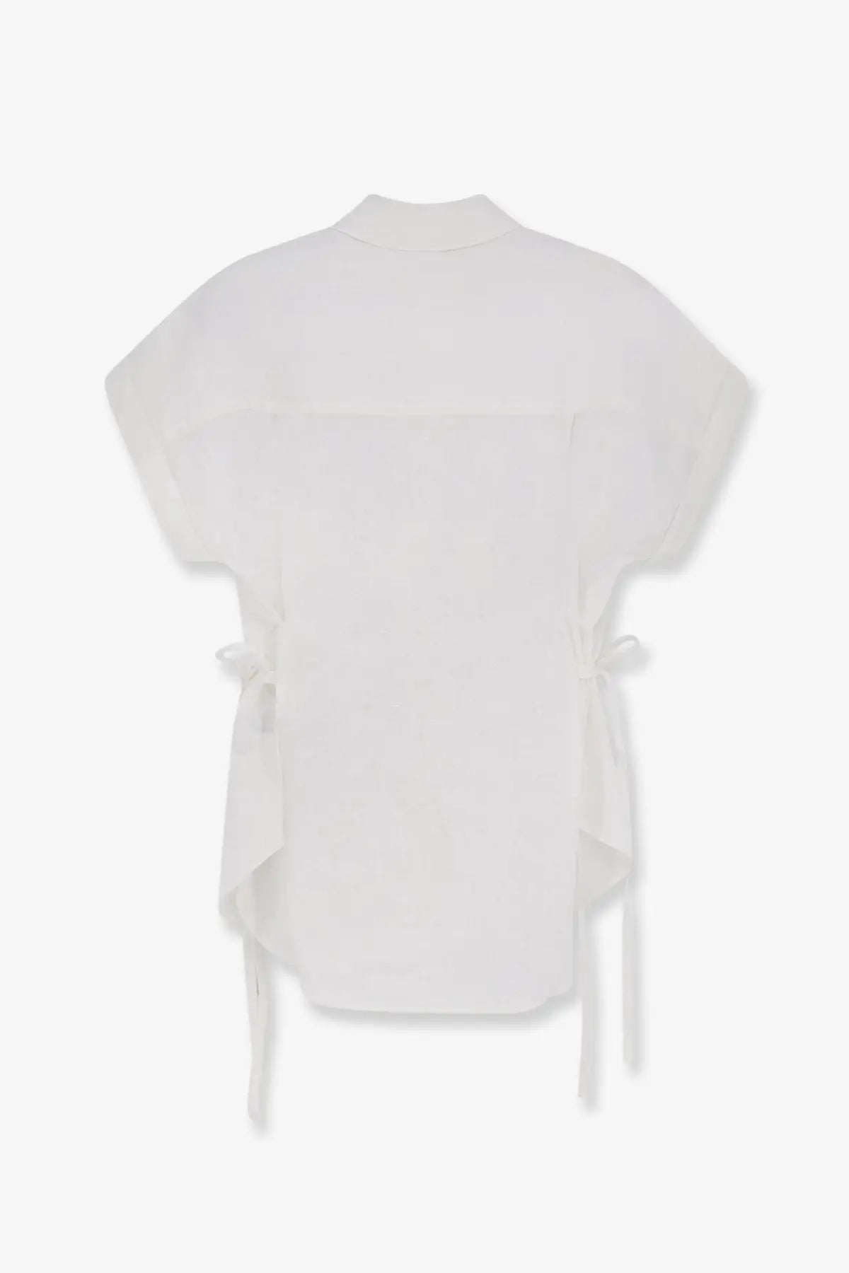 White closed women linen shirt with short sleeves, relaxed fit, and side ties