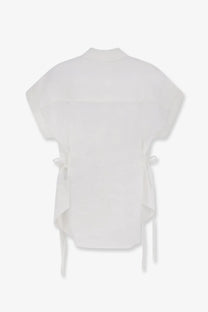 White closed women linen shirt with short sleeves, relaxed fit, and side ties