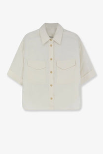 Closed women’s cream-colored short-sleeved linen and viscose shirt with two front pockets and gold-toned buttons