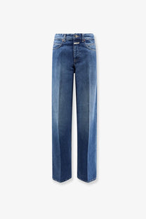 High-waisted closed women’s nikka blue denim jeans in faded blue wash with straight-leg cut made from denim