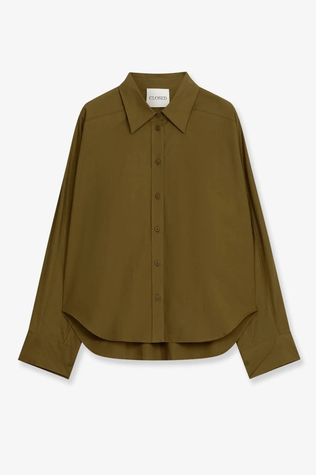 Olive green closed women’s recycled cotton button-down shirt with classic collar long sleeves and pleated hem