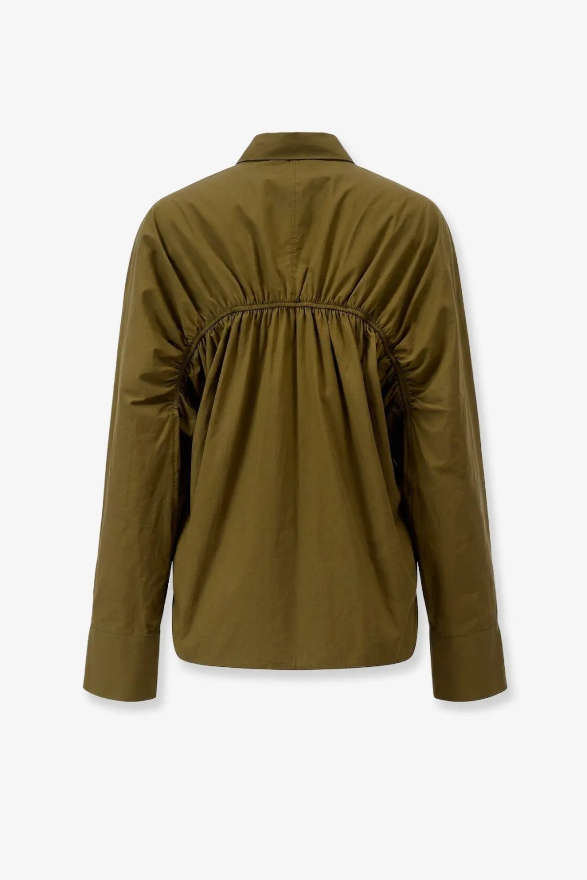 Olive green long-sleeved recycled cotton shirt for women with gathered waist and collar by closed