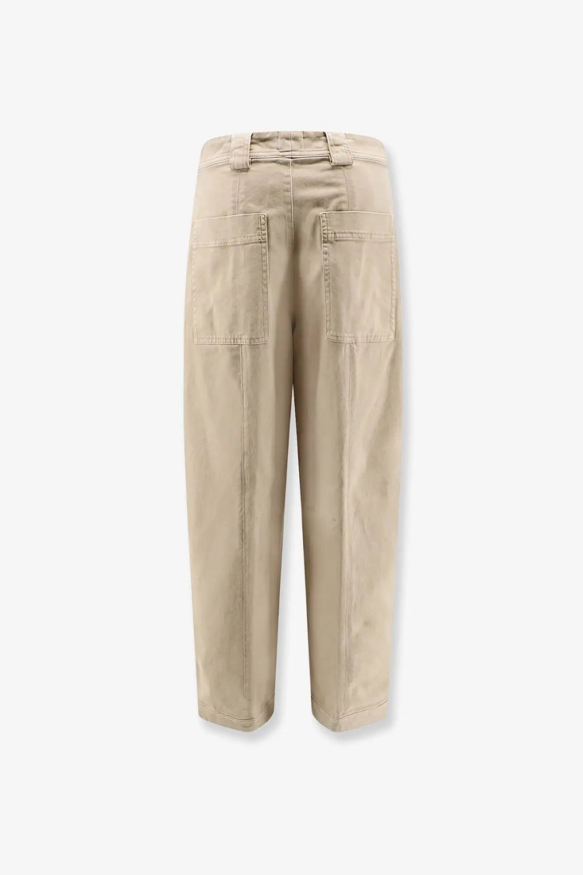Beige cotton closed women’s rhannon cargo pants with two large back pockets shown from the back side