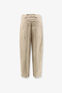 Beige cotton closed women’s rhannon cargo pants with two large back pockets shown from the back side