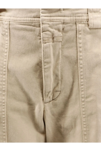 Beige closed women’s rhannon cotton trousers with classic straight-leg cut and visible stitching along the seams
