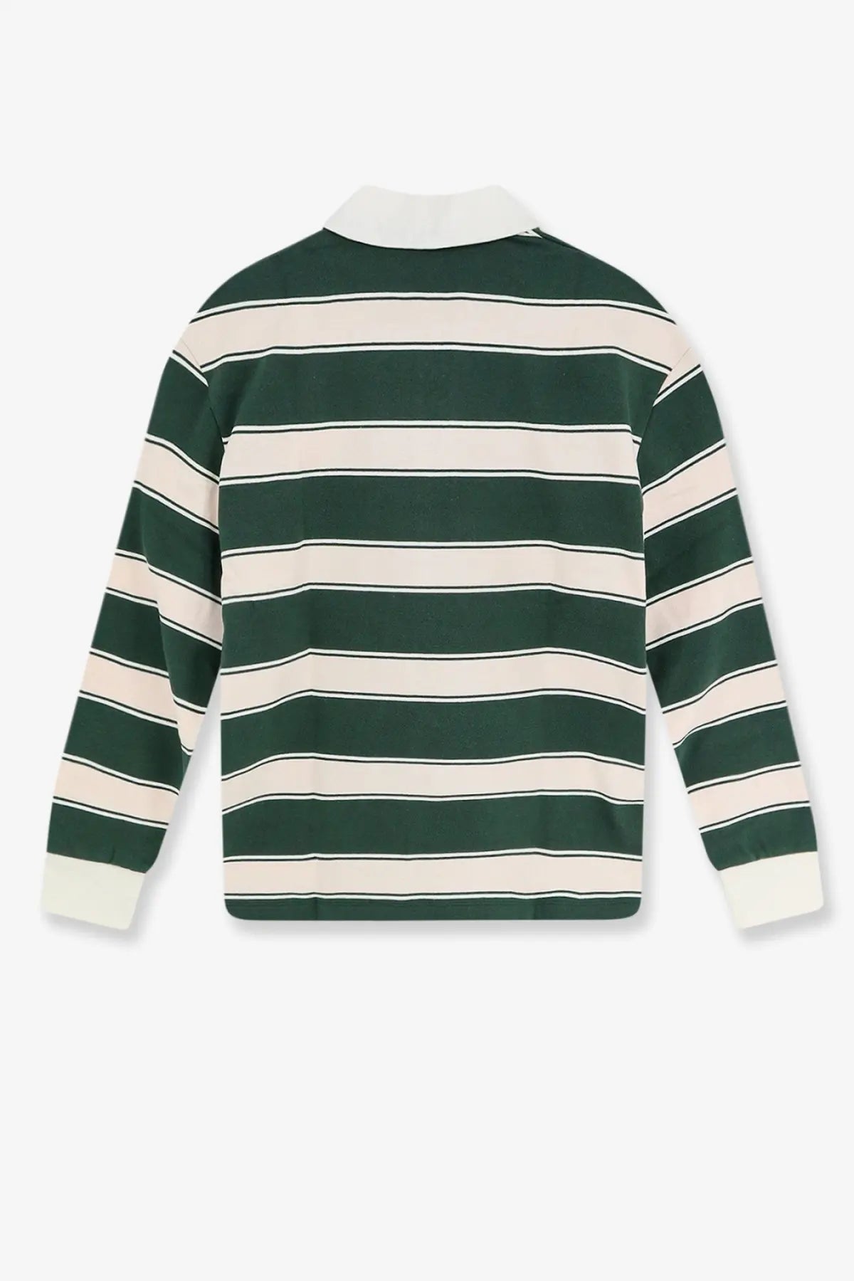 Closed women’s long sleeve cotton rugby polo shirt with dark green and off white stripes and a white collar