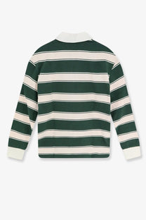 Closed women’s long sleeve cotton rugby polo shirt with dark green and off white stripes and a white collar