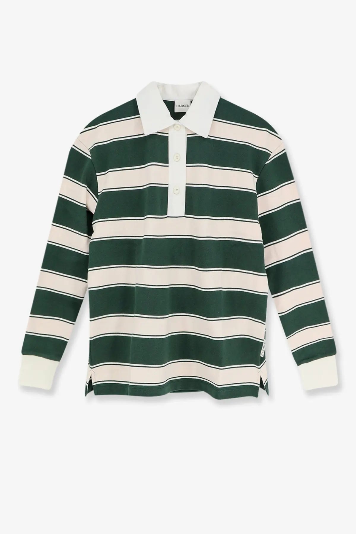 Closed women’s long-sleeved cotton rugby polo shirt with dark green and cream stripes white collar and cuffs