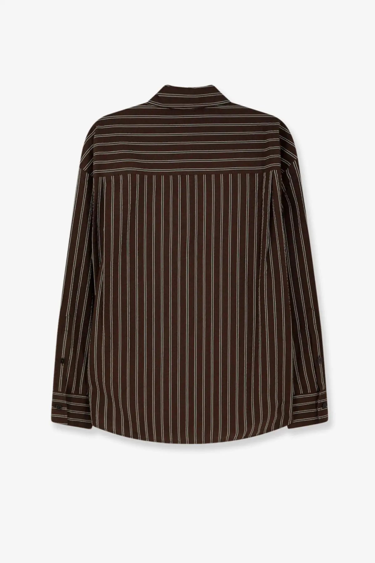 Closed women’s striped cotton shirt brown with thin white vertical stripes and classic collar button-up design