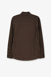 Closed women’s striped cotton shirt brown with thin white vertical stripes and classic collar button-up design