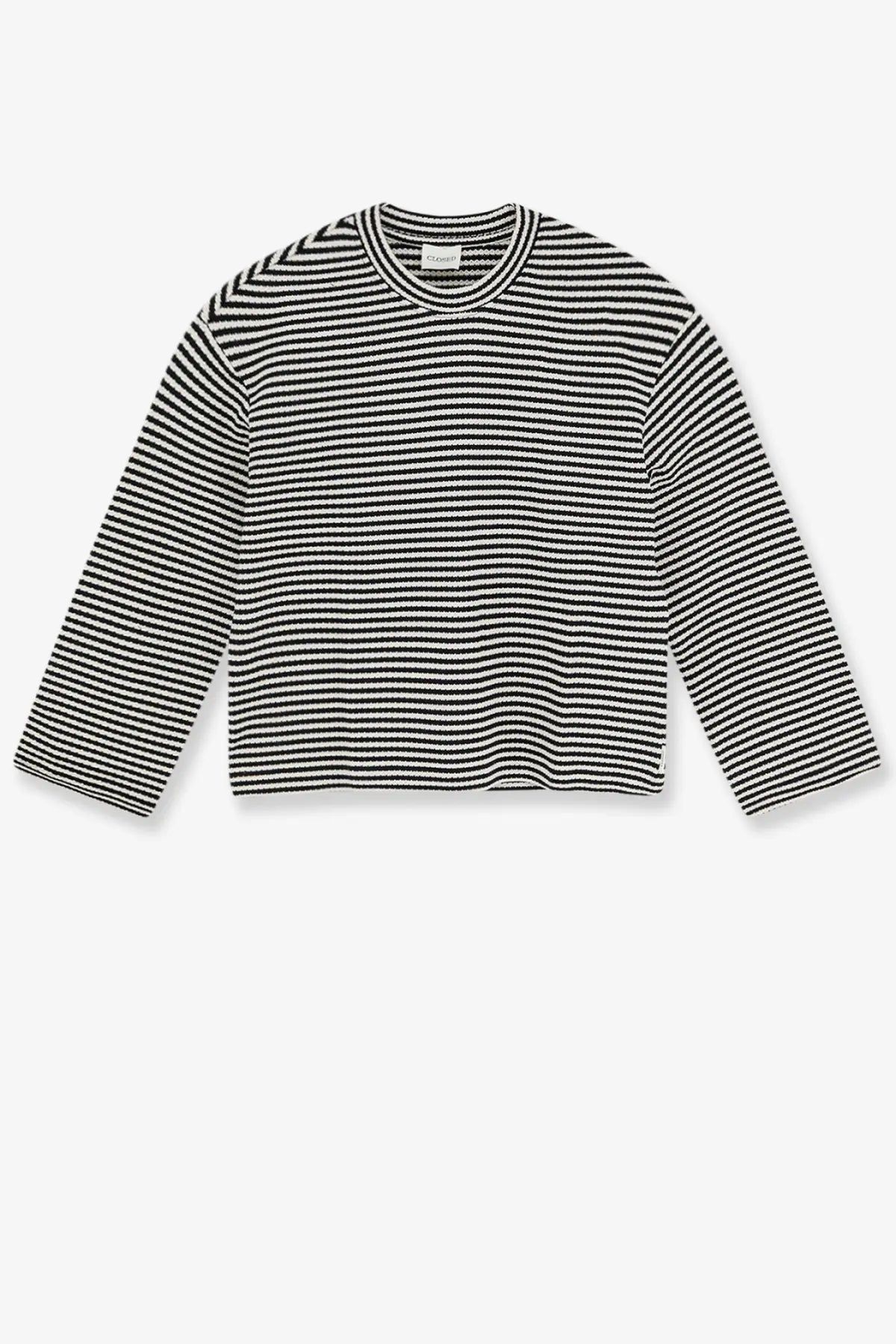 Closed women’s striped cotton sweater in black with white horizontal stripes long-sleeved knit crew neck