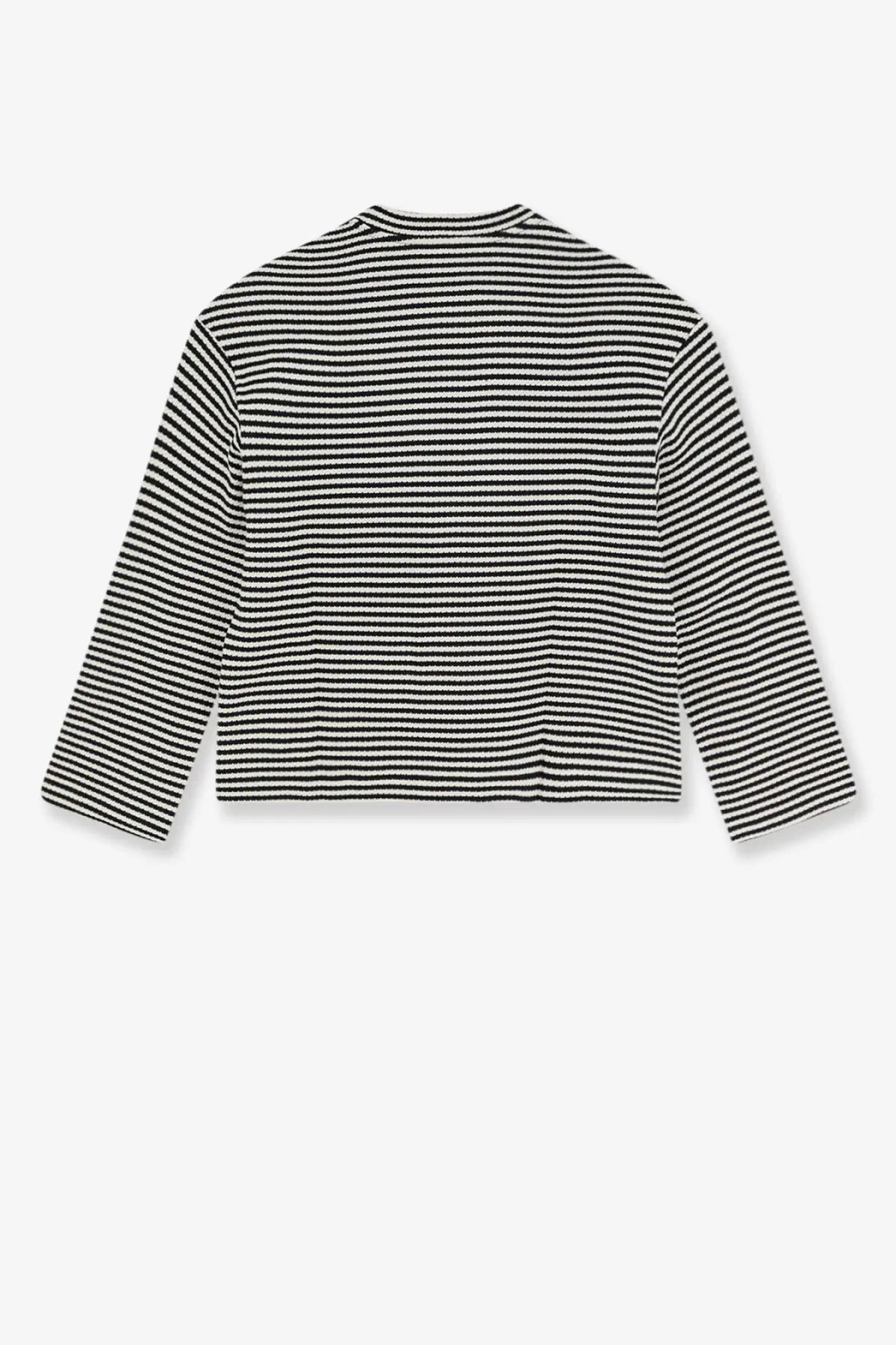 Black and white striped long-sleeved knit cotton sweater for women by Closed shown from front view