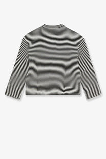 Black and white striped long-sleeved knit cotton sweater for women by Closed shown from front view