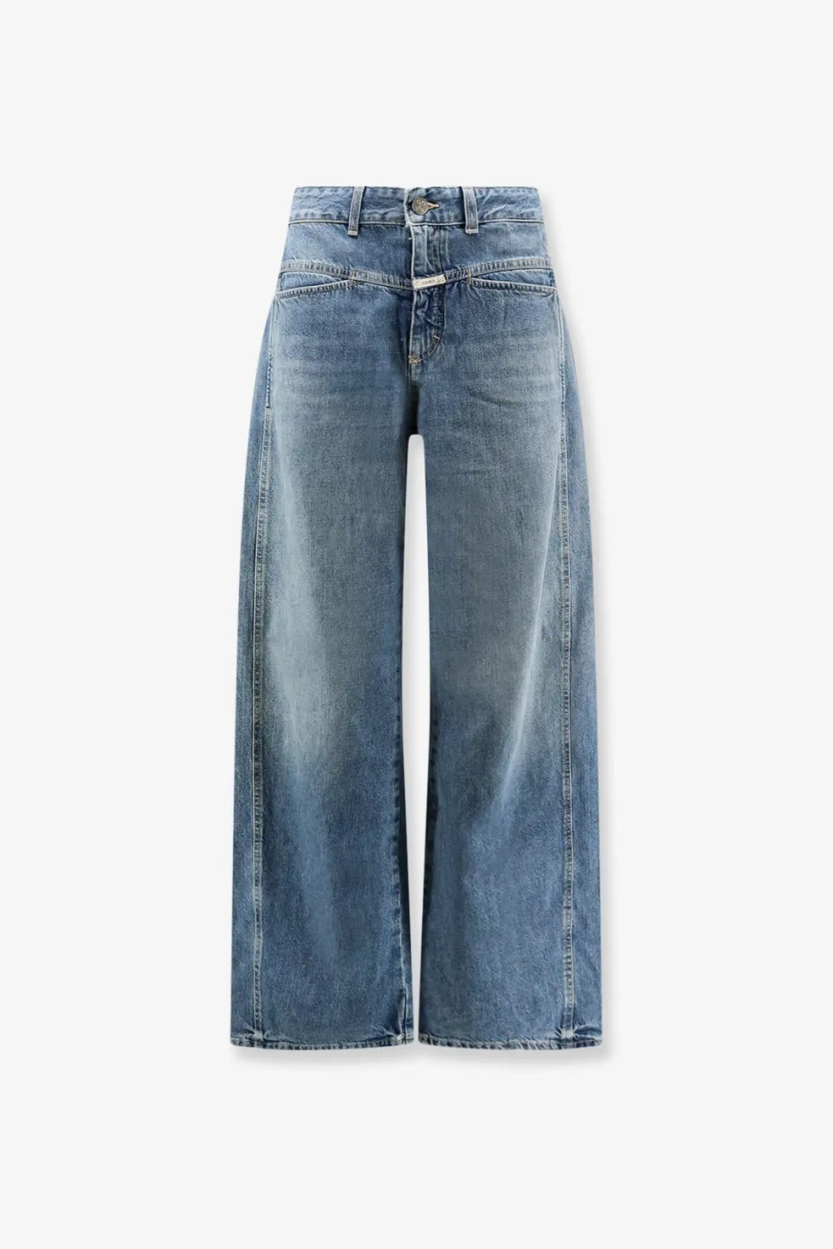 Closed women’s Tory blue denim jeans in medium blue wash with high-waisted wide-leg fit and subtle distressed details