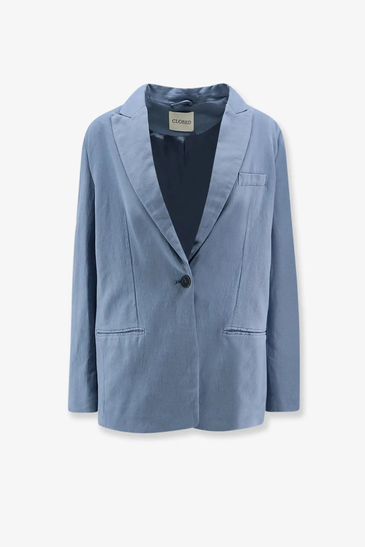 Light blue closed women’s virgin wool blend blazer with single button closure and two front pockets in subtle texture