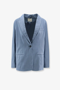 Light blue closed women’s virgin wool blend blazer with single button closure and two front pockets in subtle texture