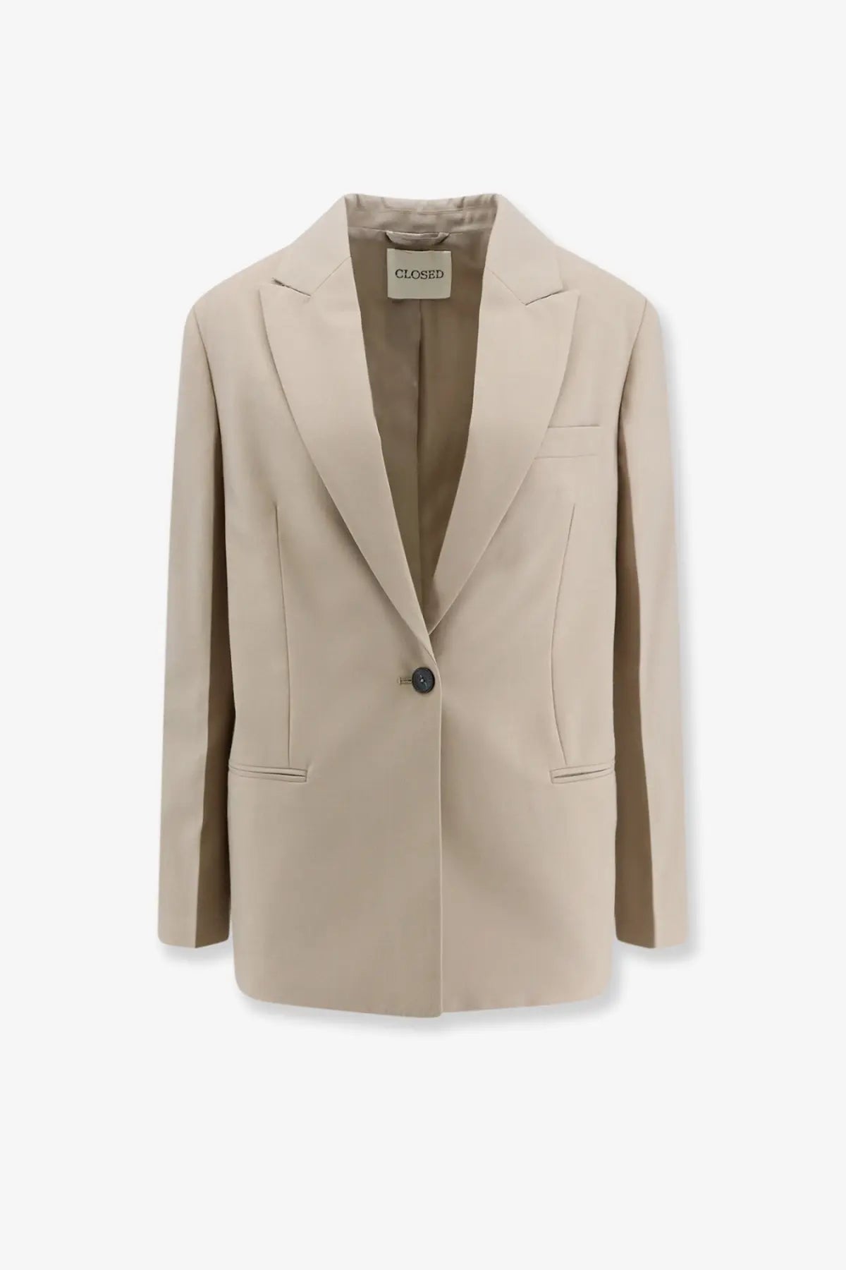Beige closed women’s virgin wool blend blazer with single black button and structured lapels