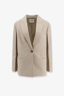 Beige closed women’s virgin wool blend blazer with single black button and structured lapels